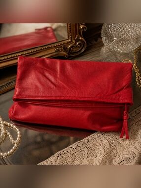 Red Leather Foldover Clutch Soft Minimalist Evening Bag